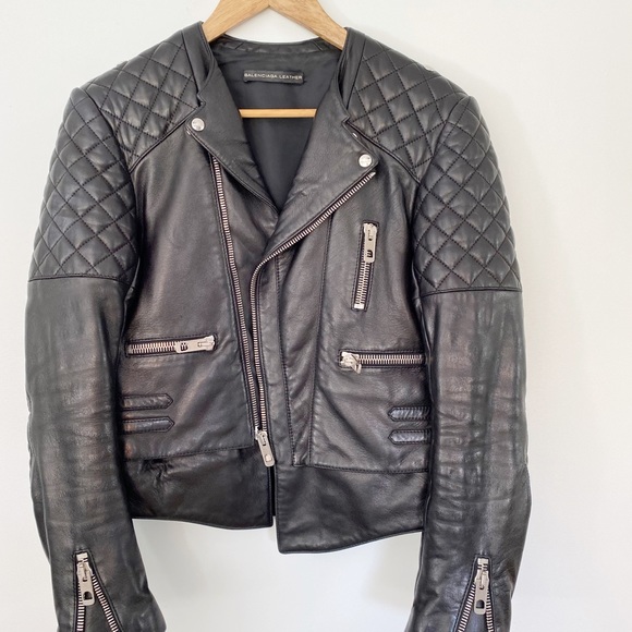 Balenciaga Black Leather Moto Quilted Jacket - Picture 4 of 12